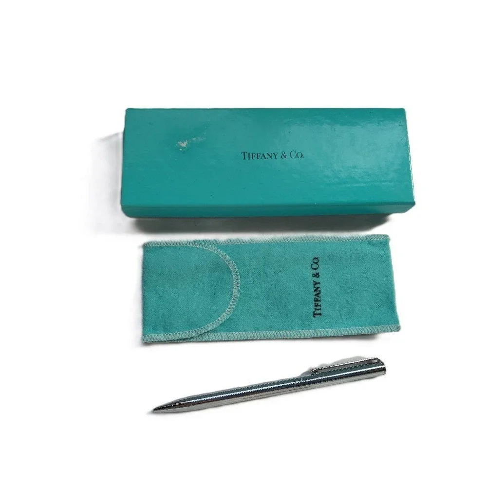 Tiffany & Co Silver Retractable Ballpoint Pen Ribbed T-Clip with Pouch and Box